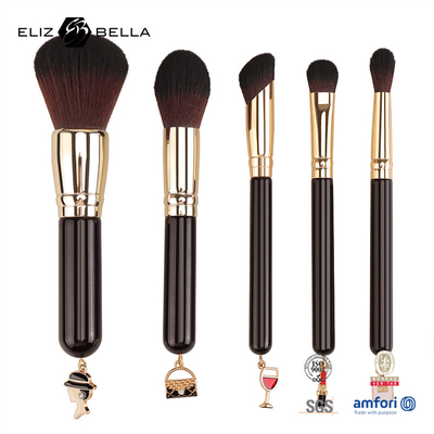 5pcs เครื่องแต่งหน้าเดินทางที่สามารถปรับแต่งได้ ชุดแปรงมือไม้ อลูมิเนียมและ 100% ผมสังเคราะห์
