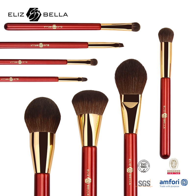 แฮนด์ไม้สีแดง ผ้าแปรงสําอางด้วยผ้าแปรงแต่งผมสังเคราะห์ ผ้าแปรงด้วยผ้าปูอลูมิเนียมทอง
